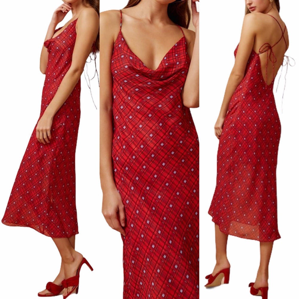 NWT Finders Keepers Sorrento Sexy Red Backless Midi Check Plaid Slip Dress Sz 6